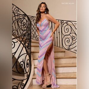Rachel Allan 70819- Sz 4  Lavender-Pink Sequin Chevron High-Slit Gown